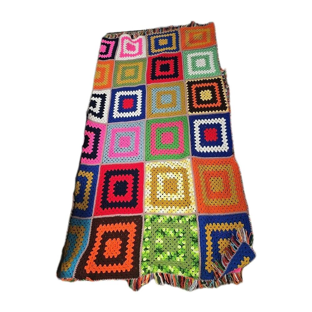 Vtg Handmade Multicolor Crochet Granny Square Home Decor Afghan Blanket 80"x86"